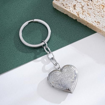 2PCS Elegant Heart Locket Keychain with Decorative Chain Stainless steel, Heart Pattern Design, Photo Frame Pendant - color: Heart-4