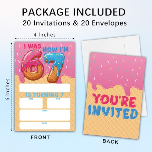 Donut 7th Birthday Invitation Cards with Envelopes, 20 Pack 4x6 Fill-In Party Invites for Girls Boys, Ice Cream Theme Kids Birthday Party Supplies - B07 - color: 6 7 Donut