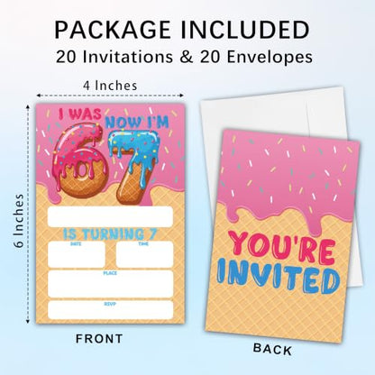 Donut 7th Birthday Invitation Cards with Envelopes, 20 Pack 4x6 Fill-In Party Invites for Girls Boys, Ice Cream Theme Kids Birthday Party Supplies - B07 - color: 6 7 Donut