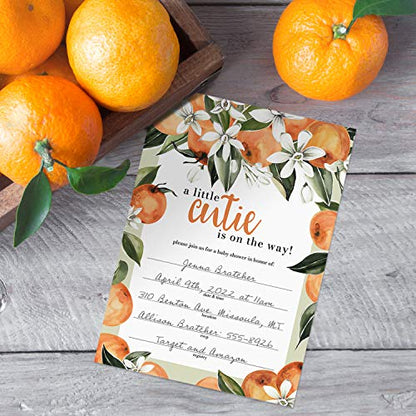 Canopy Street Little Cutie Baby Shower Invites / 25 Baby Shower Invitation Cards With White Envelopes / 5" x 7" Citrus Clementine Fruit New Baby Party Invitations/Fill In Gender Neutral Invite Cards - color: Little Cutie