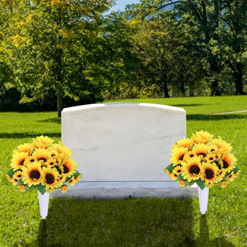 Artificial Cemetery Flowers for Grave Decorations - 4 Sunflower Bouquets with 2 Vases & Spikes - Lifelike Memorial Flowers for Cemetery Headstones Decoration ﻿ (Yllow)
