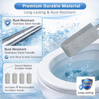 Pumice Stone Toilet Cleaner with Handle – 4 No-Touch Heads for Hard Water - color: Black+Grey