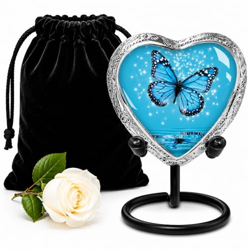 Light Blue Butterfly Heart Keepsake Urn for Human Ashes – Small Sharing Cremation Urn for Adult Female or Male, Memorial Heart with Stand for Men & Women - color: Light Blue, size: Small Heart