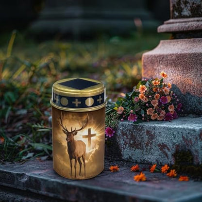 Poceacles Solar Candle Cemetery Solar Lights for Grave LED Garden Flameless Powered Pathway Lights Outdoor Waterproof with Dusk to Dawn Sensor, Brown Deer Cross Pattern - color: Brown - Deer Cross Pattern
