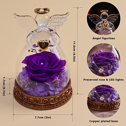 Preserved Real Rose in Glass Angel Figurine with LED Light, Angel Gifts for Women, Mom, Grandma on Mother's Day Christmas Birthday (Purple) - color: Purple