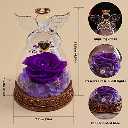 Preserved Real Rose in Glass Angel Figurine with LED Light, Angel Gifts for Women, Mom, Grandma on Mother's Day Christmas Birthday (Purple) - color: Purple
