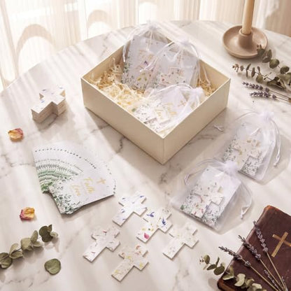 Crtiin 50 Sets Christian Favors Cross Shaped Wildflower Petal Seed Paper with Faith Plant The Seed Love Make It Grow Cards and Organza Bags for Religious Baptism Funeral Celebration of Life Gift - style: Cross Shaped
