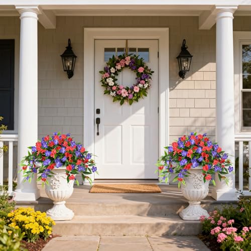 Hommyea Artificial Flowers for Outdoor, 2 PSC UV Resistant Fake Plants - color: Red Deep Blue