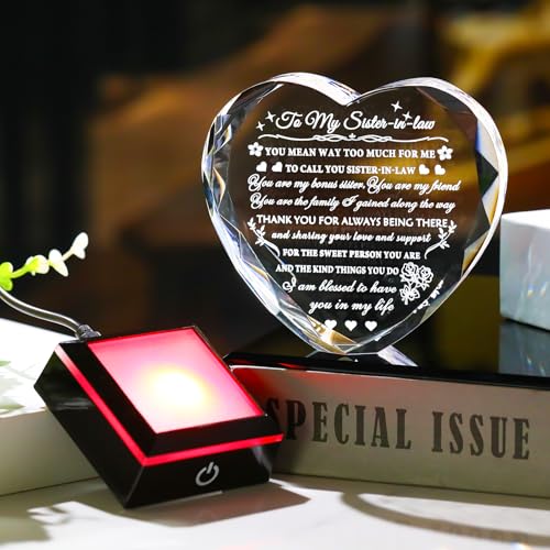 Arikyrist Meaningful Sister in Law Gifts with Colorful LED Base Wedding Birthday Gifts for Sister in Law Heart Crystal Keepsake Gift Ideas for Mother's Day Christmas Thanksgiving - style: Sister in Law Gifts + Light Base