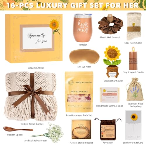 Uongeod Gift Baskets for Women Mothers Day Gifts Get Well Gifts for Women New Mom Care Package Birthday Sympathy Grief Sunflower Thinking of You Basket