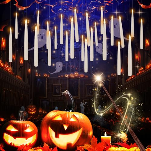 24 Pcs Halloween LED Magic Hanging Floating Candles, Taper Flickering Flameless with 2 Magic Wands - Candle Set for Halloween, Christmas, Weddings, Birthdays & Fantasy Ambiance... - color: 24Pcs-Floating flameless candles