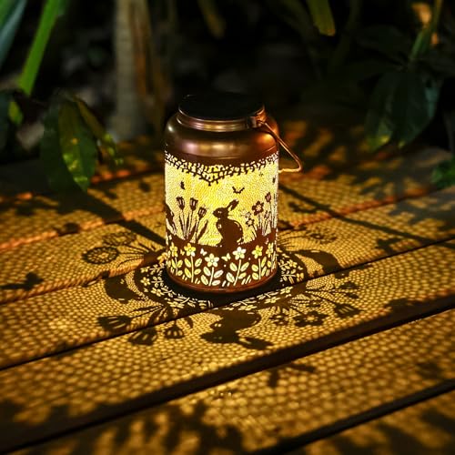 Fathers Day Gifts Rabbit Solar Lanterns Outdoor Waterproof,Hanging Bunny Solar Lights Metal Decoration Outside for Yard,Patio,Porch, Pathway, Lawn Garden Decor Lantern Gifts for Women Mom - style: C.Rabbit