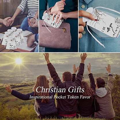 100 Sets Memorial Angel Sign Set Pocket Angel Tokens Coins Inspirational Christian Bible Verb Quotes Funeral Cardinal Sign I Am with You Always Cards White Organza Bags Guardian Gift Bag Angel Charms