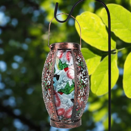 Hanging Solar Lantern Waterproof Garden Light Hummingbird-New | Glass & Metal, Tabletop Light with Hollowed-Out Design for Garden Patio Table Decor, Gifts for Friends and Family - style: Hummingbird+Flower
