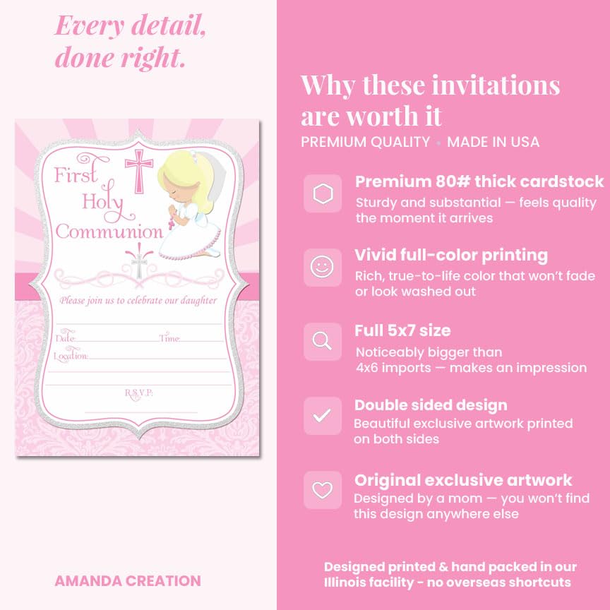 First Holy Communion Religious Party Invitations for Girls (Light Skin, Blond Hair), 20 5x7 Fill In Cards with Twenty White Envelopes by AmandaCreation - style: Light Skin, Blond Hair Girl