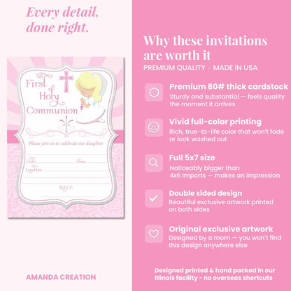 First Holy Communion Religious Party Invitations for Girls (Light Skin, Blond Hair), 20 5x7 Fill In Cards with Twenty White Envelopes by AmandaCreation - style: Light Skin, Blond Hair Girl
