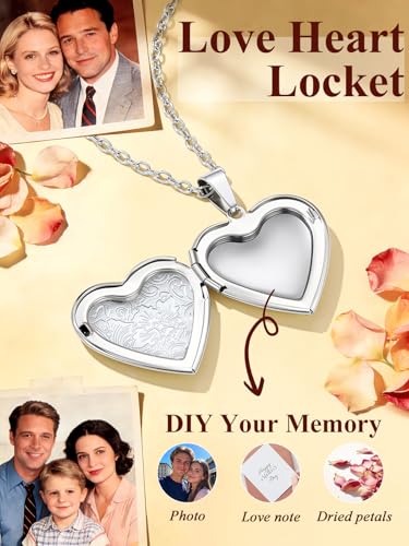 Custom4U Personalized Heart Locket Necklace with Pictures,Sunflower/Angel Wings/Heart Shaped Lockets Custom Photo,Gold/Rose Gold/White Lockets That Holds Picture,Customized Memorial Jewelry for Women - color: A-Heart-Steel(Locket Only)