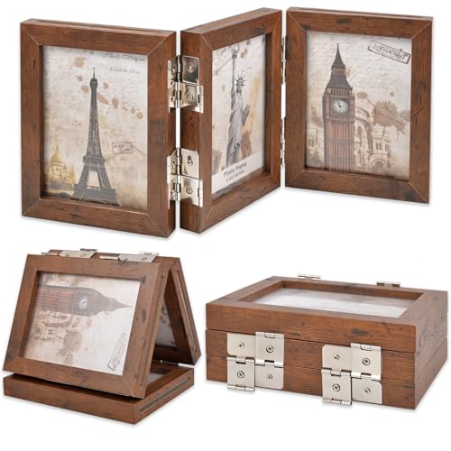 Collage Picture Photo Frames - 4x6, Triple Hinged 3 Desk Picture Frame, Wooden Desk Tabletop Family Photo Frame with Glass Opening, Decorative Folding Trifold Picture Frame Stand Vertical, Brown - style: Collage Brown 3-Fold,4×6"