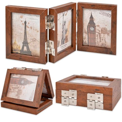 Collage Picture Photo Frames - 4x6, Triple Hinged 3 Desk Picture Frame, Wooden Desk Tabletop Family Photo Frame with Glass Opening, Decorative Folding Trifold Picture Frame Stand Vertical, Brown - style: Collage Brown 3-Fold,4×6"