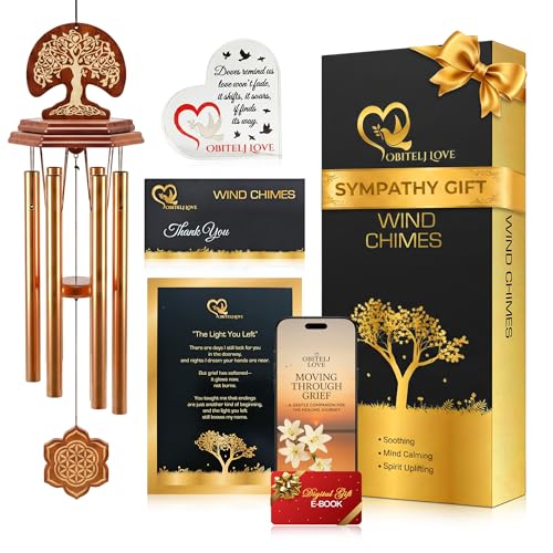 Wind Chimes for Outside Clearance, Gold Hexagon Pendant, Deep Tone 6 Aluminum Tubes & Pine Wood, Sympathy Gift for Loss of a Loved one, Letter from Heaven, Keychain, Acrylic Heart Plaque - color: Gold - Tree of Life