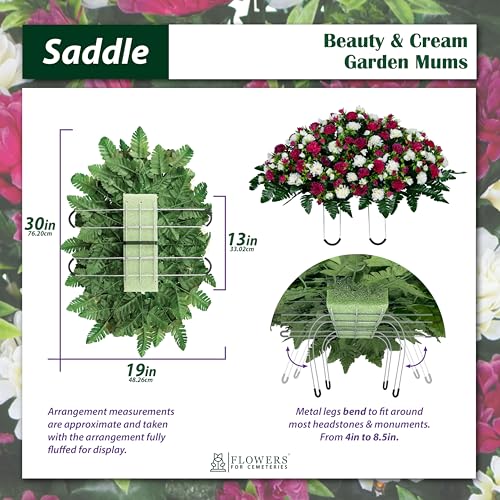 Artificial Cemetery Flowers - Gravesite Memorial Arrangment - Beauty & Cream Garden Mums - (1) Headstone Saddle - color: Beauty & Cream, size: (1) Saddle