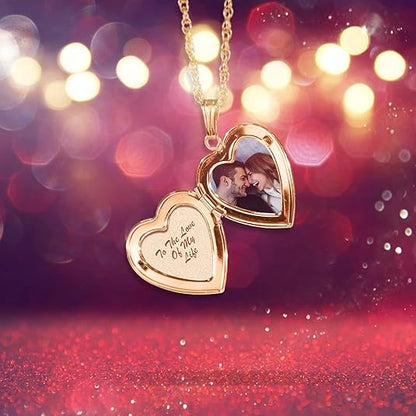 PicturesOnGold.com Personalized Always in My Heart Silver Or Gold Heart Locket Pendant Necklace Jewelry Gifts for Men & Women - 3/4 Inch X 3/4 Inch - Includes 18 inch Cable Chain - style: 14K Yellow Gold Filled - Locket + 2 Photos + Engraving