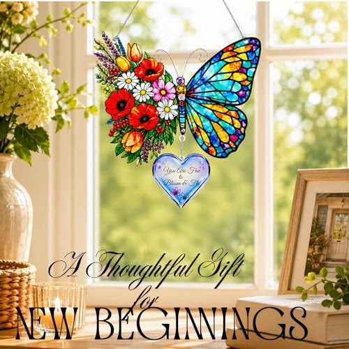 Inspirational Butterfly Gift for Women, Bloom and Fly Suncatcher with Heart Charm, Encouragement Gift for Friend, Mom, Daughter, Sister - color: Butterfly Heart Charm