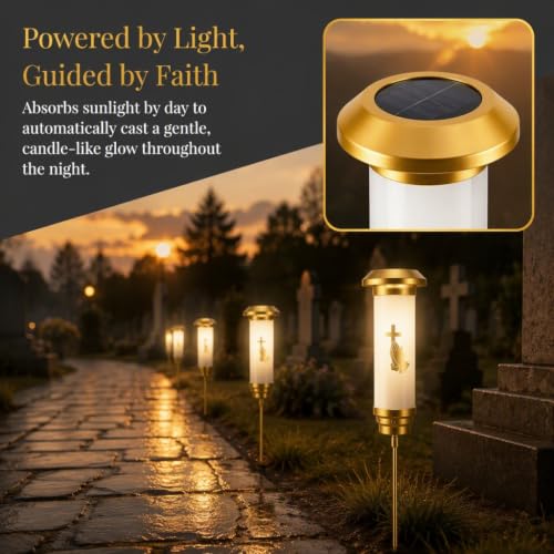 Praying Hands Solar Cross for Cemetery Grave, White & Gold Anodized Aluminum IP65 Waterproof Memorial Light with Ground Stake, Christian Cemetery Decor for Headstone