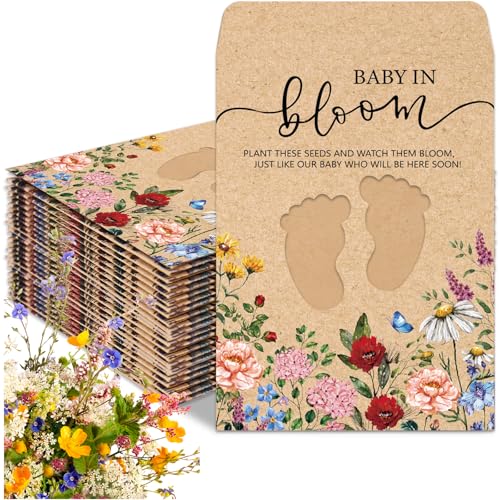 JarThenaAMCS 50Pcs Wildflower Baby Shower Seed Packets Self Adhesive Kraft Envelope with Footprint Window Vintage Floral Baby in Bloom Seed Storage Pockets for Gender Reveal Birthday（No Seeds）