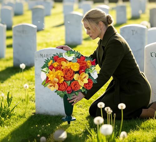 Artificial Cemetery Flowers,Memorial Flowers,Beautiful Arrangements for Headstones,Silk Rose Daisy Cymbidium Spathiphyllum
