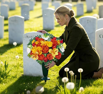 Artificial Cemetery Flowers,Memorial Flowers,Beautiful Arrangements for Headstones,Silk Rose Daisy Cymbidium Spathiphyllum