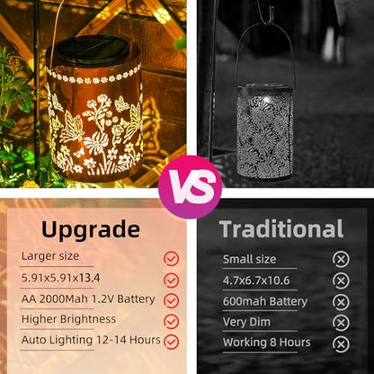 Solar Lantern Outdoor, Butterfly Decorative Hanging Lantern | 13.4", Upgraded Solar Panel & 2000mAh Battery, Outdoor Waterproof Garden Decor for Patio Yard, Gifts for Women Mom Grandma - style: Butterfly