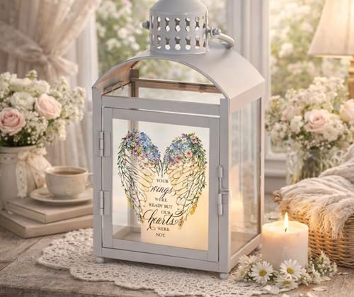 Magnolia Garden 10.5 Inch Grey Metal Arched Lantern – LED Candle Home Decor – Angel Wings Memorial Design – “Your Wings were Ready But Our Hearts were Not - size: 4 x 4 x 10.5, style: Your Wings Were Ready But Our