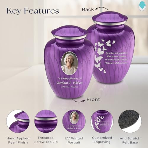 GetUrns Personalized Butterfly Cremation Urn for Human Ashes, Pearl Purple Photo Urn for Adult Male or Female, Double-Sided Custom Engraving, Holds Up to 200 Cu in - color: Pearl Purple
