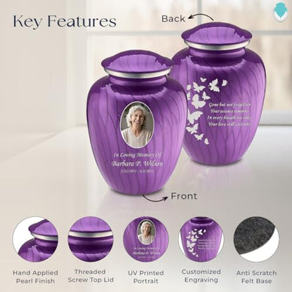 GetUrns Personalized Butterfly Cremation Urn for Human Ashes, Pearl Purple Photo Urn for Adult Male or Female, Double-Sided Custom Engraving, Holds Up to 200 Cu in - color: Pearl Purple
