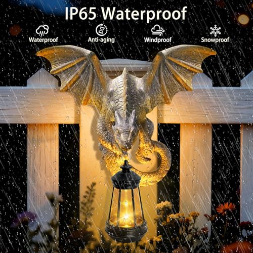 Solar Dragon Tree Hugger Garden Statue, Wall Hanger Dragon Figurine Decor | 9.8in Resin Dragon Decor with Solar Lights, Outdoor Waterproof for Tree Wall Fence Porch Yard, Gifts for Mom Women Birthday - style: 1 Pack - Dragon with Lantern