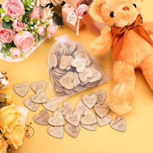 CroBlissful 150 Pcs Wooden Pocket Hug Token Bulk with 3 Pcs Organza Bags Remembrance Little Heart Star Round Pocket Hug Keepsake for Family Birthday Celebration of Life Funeral Love Gifts (Heart)