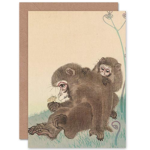 Artery8 Ohara Koson Two Monkeys With Butterfly Painting Fine Art Greeting Card Plus Envelope Blank Inside - color: Two Monkeys