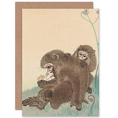 Artery8 Ohara Koson Two Monkeys With Butterfly Painting Fine Art Greeting Card Plus Envelope Blank Inside - color: Two Monkeys