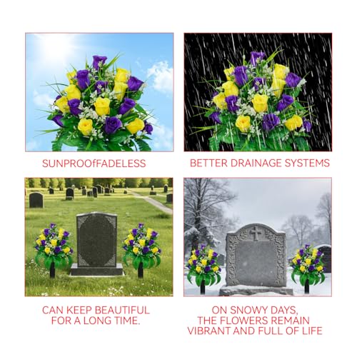 2 Sets Artificial Cemetery Flowers For Grave 24 Heads Flowers For Cemetery - color: Yellow + Purple