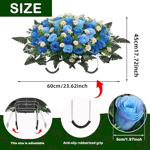 Wocst Headstone Flower Saddle,Large Artificial Cemetery Flowers for Grave Artificial Roses Daisy Saddle for Cemetery Headstone (Blue) - color: Blue