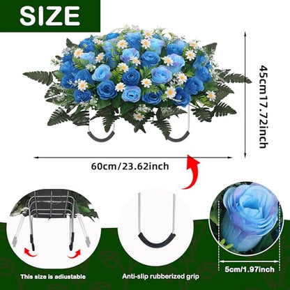Wocst Headstone Flower Saddle,Large Artificial Cemetery Flowers for Grave Artificial Roses Daisy Saddle for Cemetery Headstone (Blue) - color: Blue