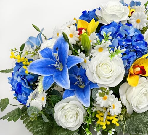 MUVIC Artificial Cemetery Flower Bouquets and Headstone Flower Saddle for Grave,Three-Piece Set:Rose,Rose Lily Hydrangea Cymbidium Daisy, Easy Fit and Colorfast