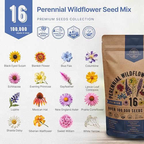 Organo Republic 16 Perennial Wildflower Seeds Mix for Indoor & Outdoors. 100,000+ Non-GMO, Heirloom Wildflower Garden Seeds, 4oz Packet for Growing Wild Flowers to Attract Bees, Butterflies & Birds