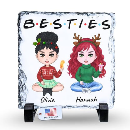 Personalized Christmas Besties Rock Slate Frame - Custom Stone Plaque Picture Frame - Bestie Gifts - Best Friend Christmas for Women Soul Sister & Friendship Day -Besties Picture Frame - color: Christmas-Besties-Slate