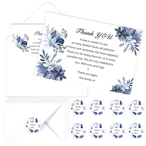 50 Pcs Funeral Sympathy Thank You Cards with Envelopes and Stickers, Sympathy Thank You Cards with Watercolor Blue Flower Bereavement Message for Memorial Service Loved Ones Celebration of Life