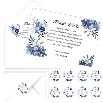 50 Pcs Funeral Sympathy Thank You Cards with Envelopes and Stickers, Sympathy Thank You Cards with Watercolor Blue Flower Bereavement Message for Memorial Service Loved Ones Celebration of Life