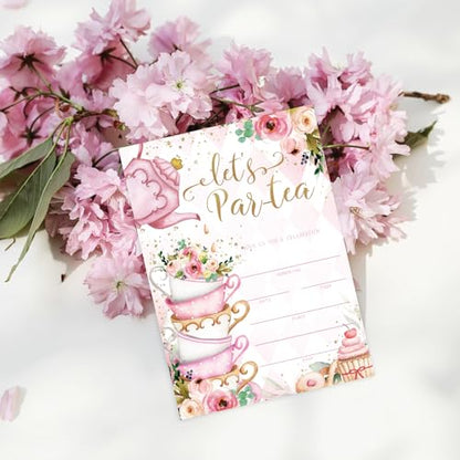 Whaline 25 Packs Tea Party Invitations 5 x 7 Inch Floral Fill-In Invitation Cards with Envelopes Stickers Sweet Dessert Blank Invites for Party Tea Time Birthday Supplies - style: Tea Party