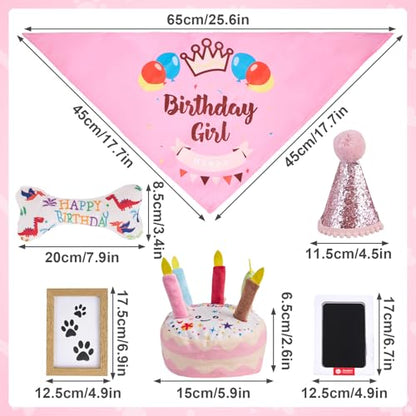 Dog Birthday Toy Set, Dog Squeaky Toys, Includes Squeaky Cake Toy, Plush Bones, Birthday Hats, Bandana, Paw Print Kit & Photo Frame. Pet Gift Supplies, Pink - color: Pink