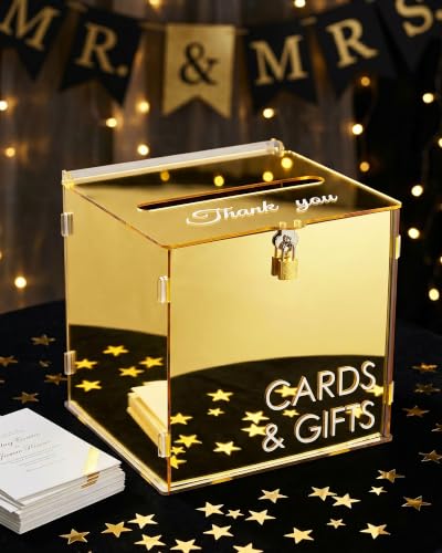 Gold Acrylic Wedding Card Box with Slot and Lock, Metallic Mirror Card Holder for Reception, Graduation, Bridal, Baby Shower, Birthday Party, Classy Golden Decorative Gift Boxes for Money Envelope - color: Gold